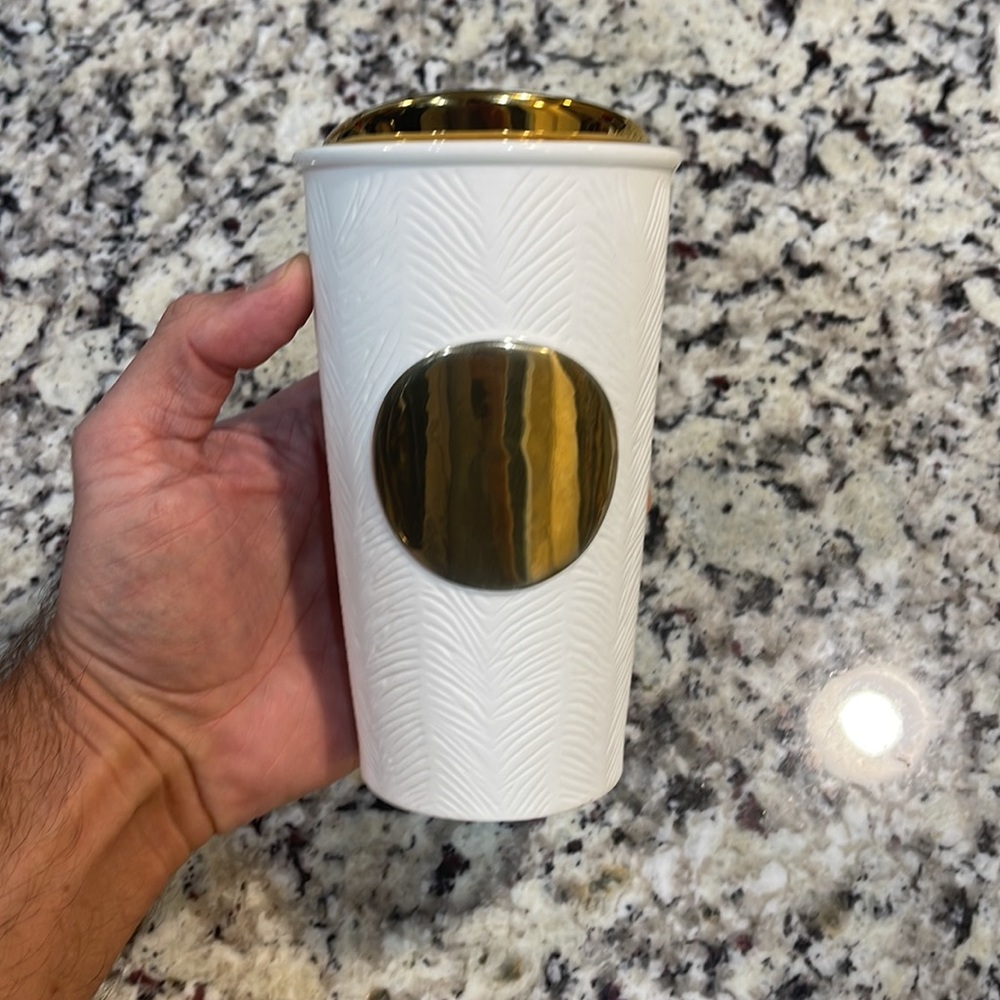 RARE Starbucks Coffee Cup White Ceramic with Gold Circle and Top - Picture 2 of 4